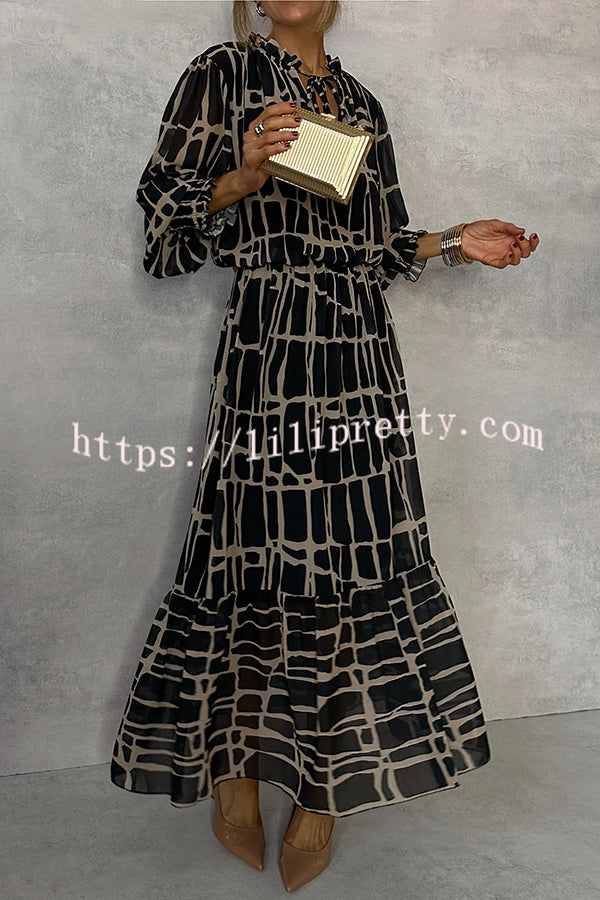 Unique Printed V-neck Tie-up Waist Long-sleeve Maxi Dress