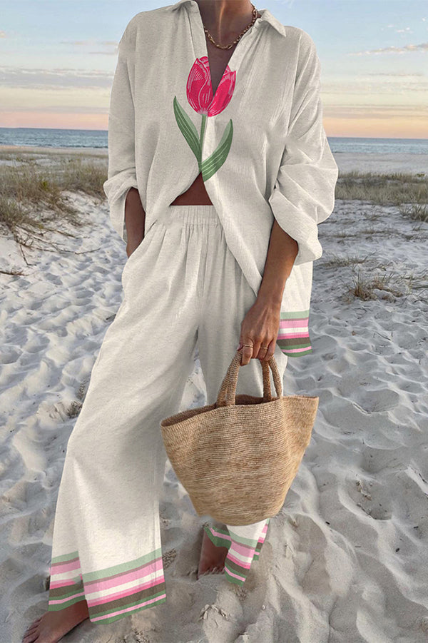 Tulip Print Oversized Shirt and Elastic Waist Pocket Pants Set