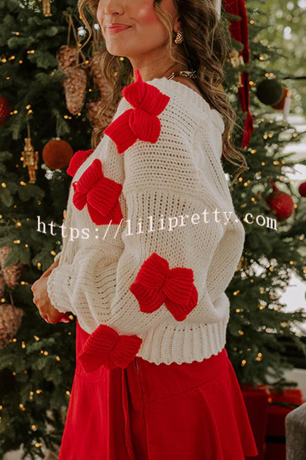 Wrapped in Bows Knit Color-blocked Loose V-neck Long-sleeved Cardigan