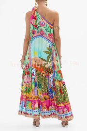 Queens of Creation Unique Print One Shoulder Tie-up Pocketed Loose Maxi Dress