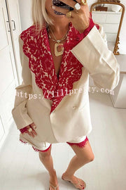 Love Letter Contrast Lace Detail Long Sleeve Wave Lapel Loose Blazer