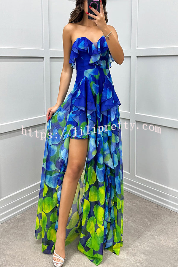 Loving Moment Gradient Unique Print Flowing Layered Ruffles Strapless Slit Maxi Dress