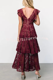 Solid V-neck Ruffled Sleeves Cinched Waist Maxi Dress