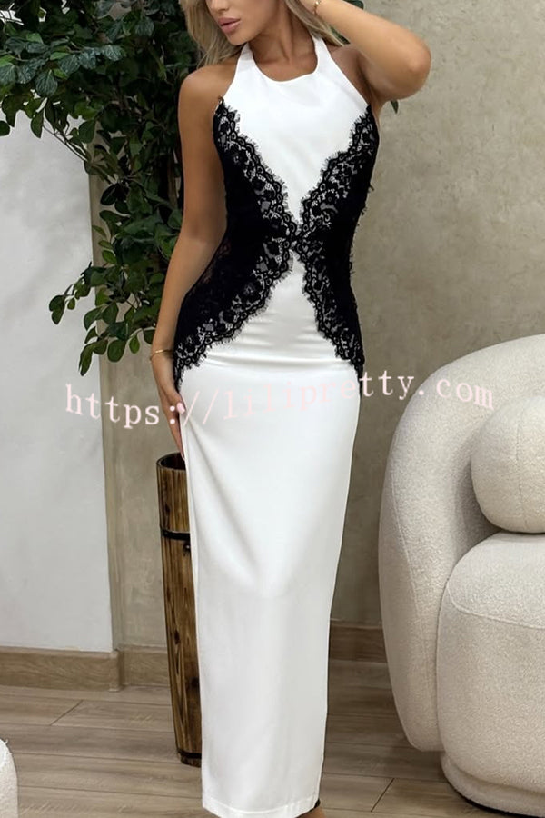 Sexy Halterneck Lace Paneled Backless Slim Maxi Dress