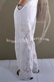 Linen Blend Solid Color Embroidered Hollow Loose Vest and Elastic Waist Casual Pocket Wide Leg Pants Set