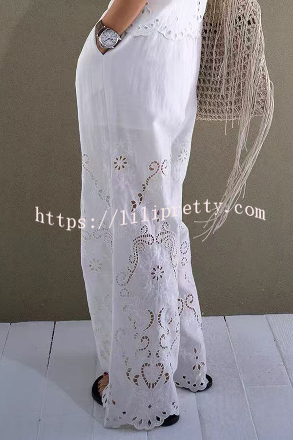 Linen Blend Solid Color Embroidered Hollow Loose Vest and Elastic Waist Casual Pocket Wide Leg Pants Set