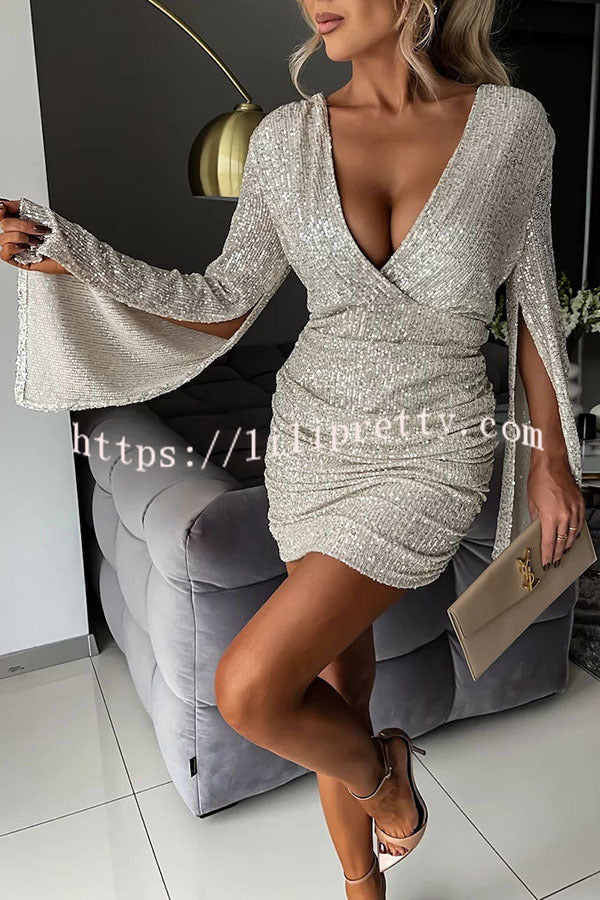 Lilipretty Outshining Everyone Sequin Cape Sleeve Ruched Backless Mini Dress