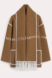 Stylish Loose Pocket Long Sleeve Coat and Warm Fringed Scarf