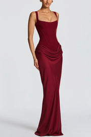 Larrah Square Neck Back Lace-up Satin Drape Hem Maxi Dress