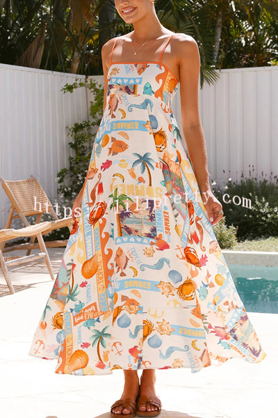 Marine Life Print Sleeveless Sling Holiday Maxi Dress