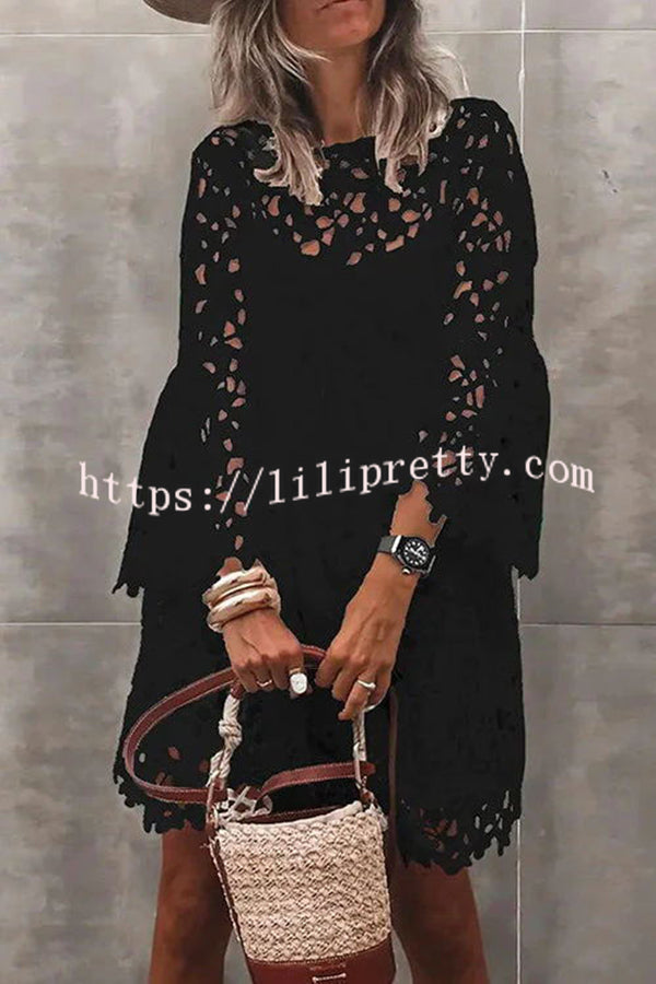 Lilipretty Pretty Presence Floral Crochet Lace Bell Sleeve Mini Dress