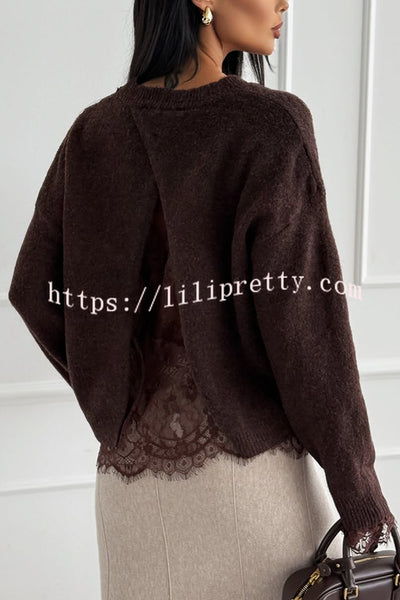 Caitlin Knit Lace Trim Patchwork Long Sleeve Back Slit Relaxed Sweater