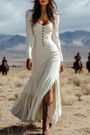 Retro Western Cowboy Style Long Sleeve Button Slim Maxi Dress
