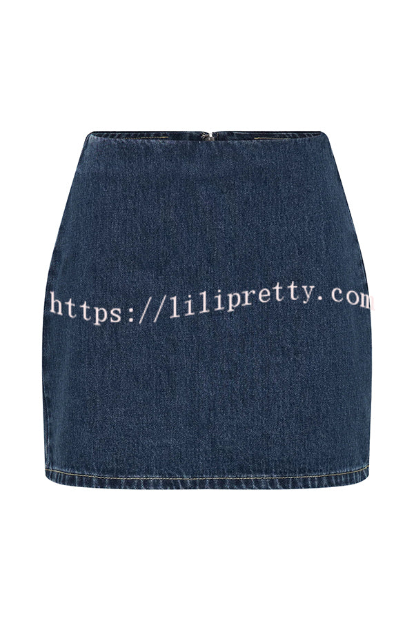 Modern Flavor Denim High Rise Back Zipper A-line Stretch Mini Skirt