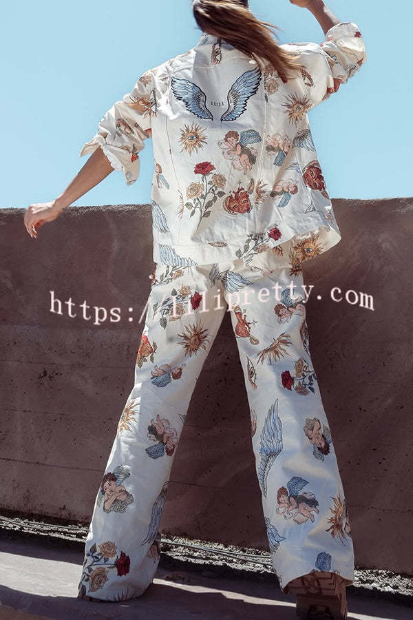 Angel Wings Denim Unique Print Button Up Long Sleeve Pocketed Relaxed Jacket