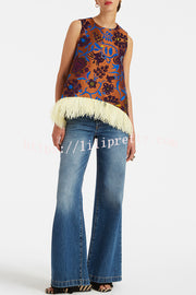 Emina Floral Feather Trim Trapezoidal Silhouette Asymmetrical Hem Top