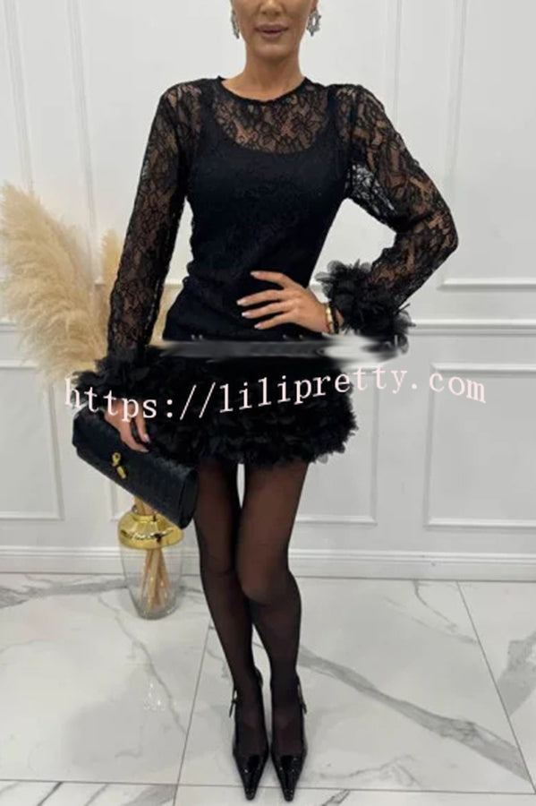 Alyssa Lace Fabric Tulle Layered Petals Trim Long Sleeve Mini Dress