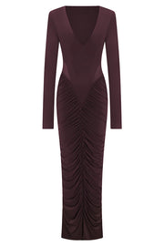 Sexy See-through Long-sleeved V-neck Pleated Slim-fit Maxi Dress