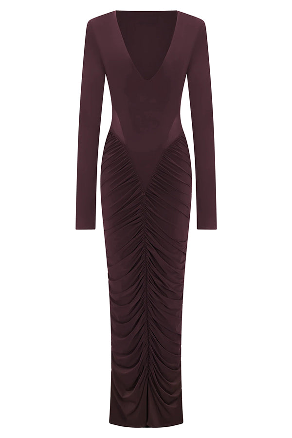 Sexy See-through Long-sleeved V-neck Pleated Slim-fit Maxi Dress