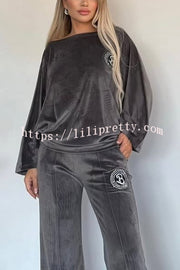 Solid Color Velvet Round Neck Bat Sleeve Casual Top and Elastic Waist Loose Pocket Pants Set