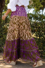 Resort Style Unique Print Elastic Waist Loose Stitching Maxi Skirt