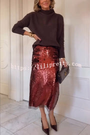 Upper East Chic Sequin Mesh Trim High Rise Slit Pencil Midi Skirt