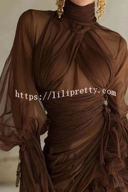 Sexy See-through Tulle High-neck Waist Pleated Ruffle Mini Dress