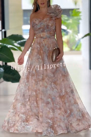 Romantic Ball Chiffon Floral One-shoulder Pleated Design Back Lace-up Gown Maxi Dress