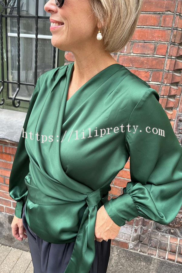 Satin Solid Color V-neck Tie Up Long Sleeve Loose Shirt