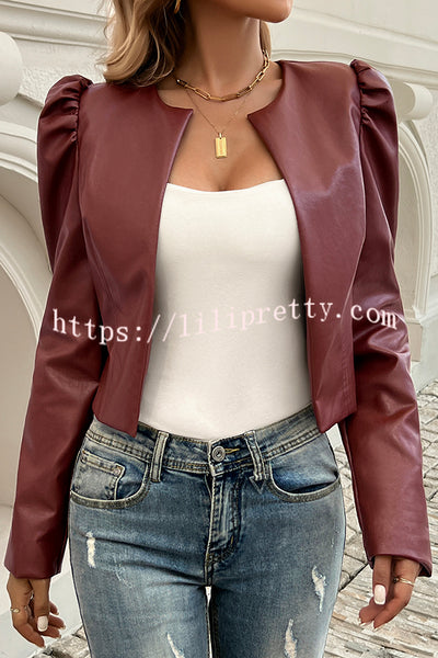 Yelissa Faux Leather Statement Long Sleeve Open Front Crop Jacket