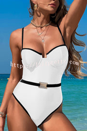 Fashionable Contrast-color Overlock Stretch One-piece Swimsuit