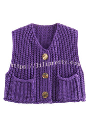 Solid Color Sleeveless Pocket Knitted Vest