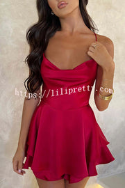 Ruffled Elegant Satin Strappy Satin Backless Lace Up Mini Dress