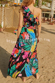 Tropical Flowers and Birds Print Loose Holiday Maxi Skirt