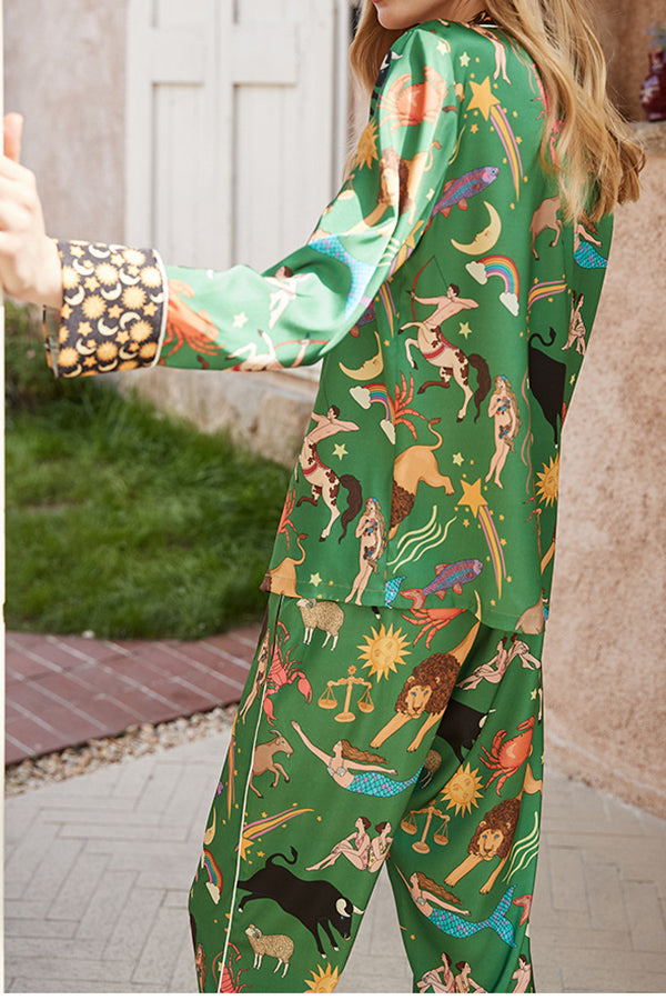 Lilipretty Green Constellation Printed Home Long Sleeved Two-piece Set