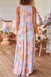 Beautiful Floral Print Round Neck Suspender Patchwork Lace Up Maxi Dress