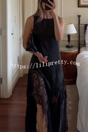 Pretty Soul Satin Lace Trim Wide Neck Irregular Hem Slit Maxi Dress