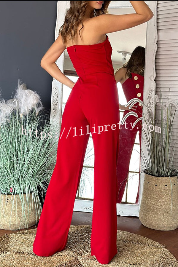 Solid Color Sexy Tube Top Gold Button Embellished Bootcut Jumpsuit