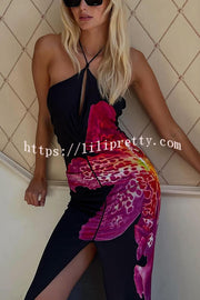 Hayden Floral Print Center Ruched Halter Slit Maxi Dress