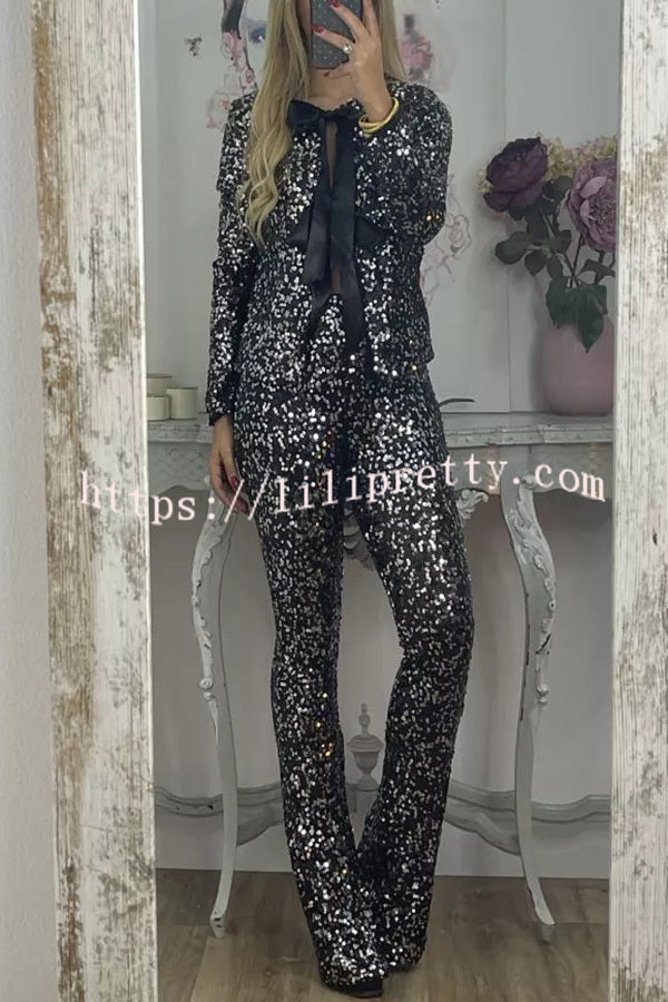 Holiday Cheer Sequin High Rise Elastic Waist Flared Stretch Pants