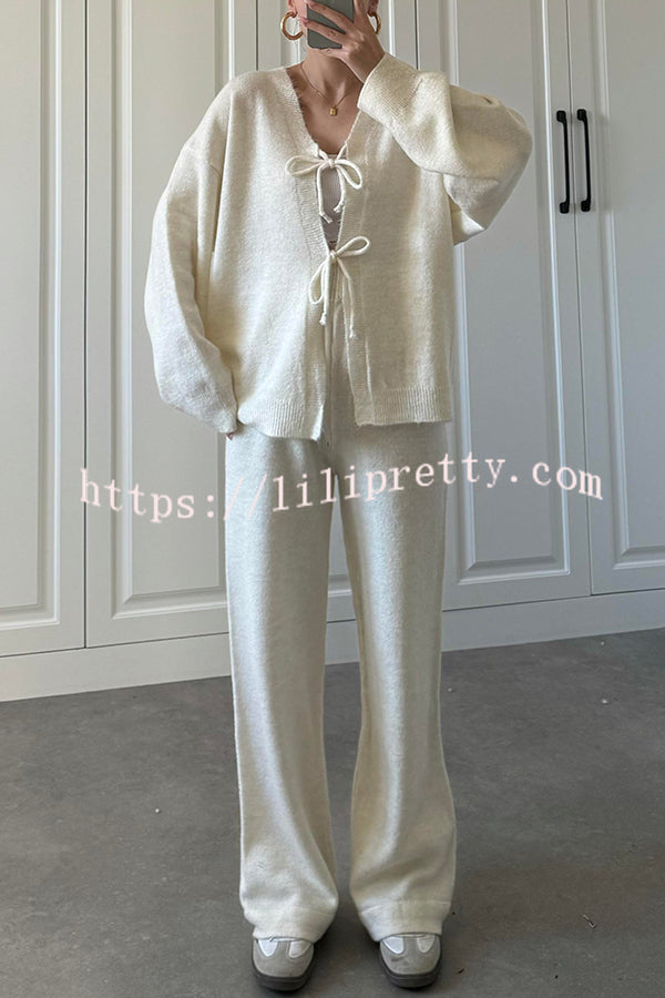 Solid Color V-neck Tie Long-sleeved Loose Knit Cardigan and Elastic Waist Casual Straight Leg Pants Set