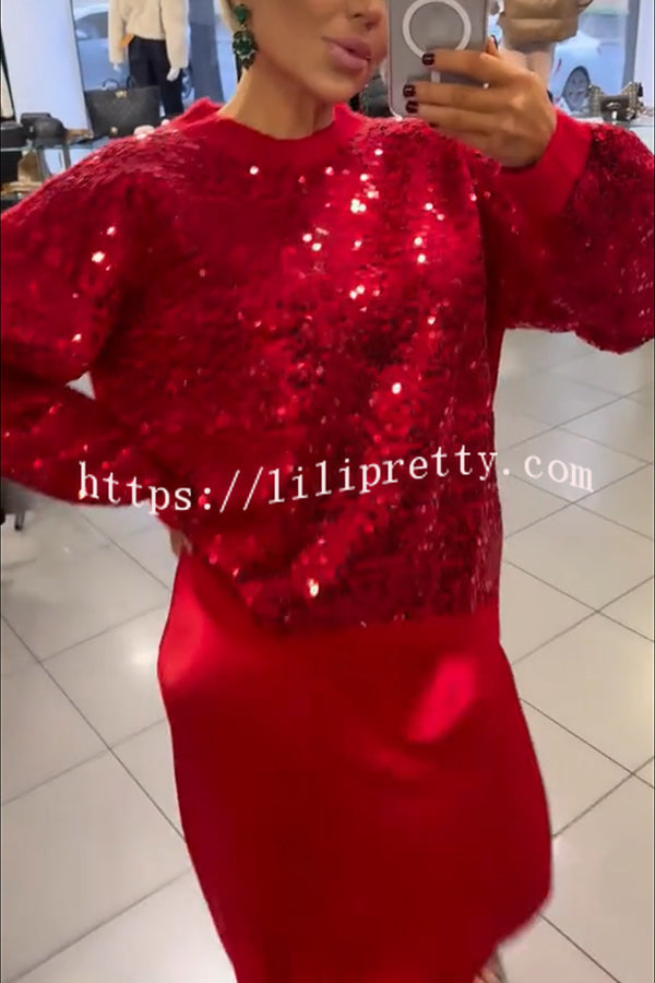 Celebration Day Sequin Patchwork Loose Sweatshirt and Satin Elastic Waist Maxi Skirt Set