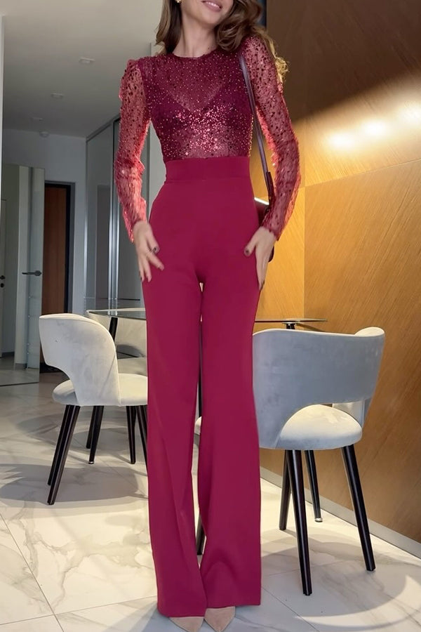 Seleia Tulle Sequin Patchwork Long Sleeve Wide Leg Stretch Jumpsuit