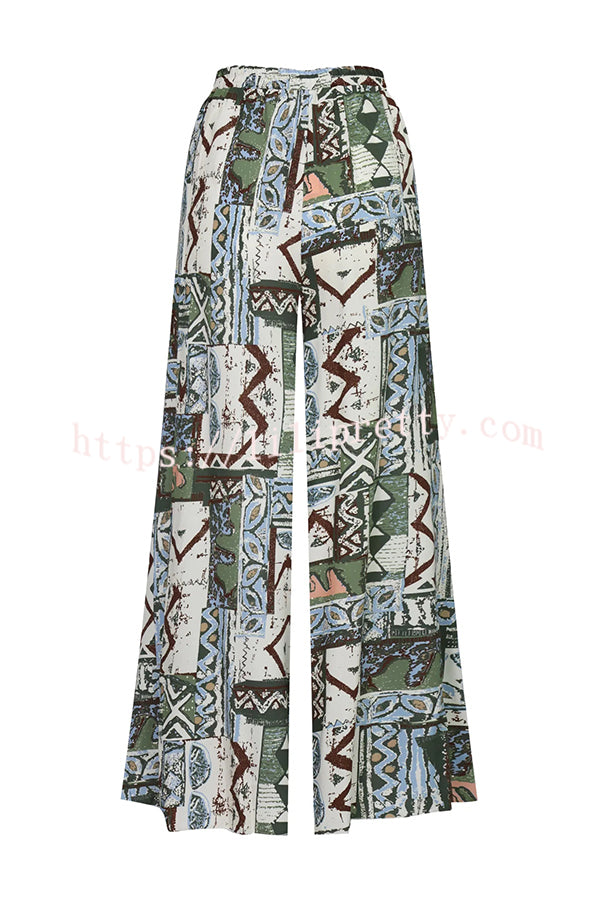 Terrace View Off Shoulder Tie Loose Top and Elastic Waist Unique Print Loose Pants Set