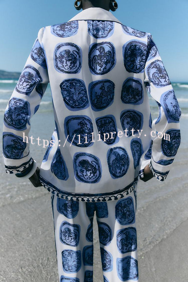 Unique Print Lapel Long Sleeve Shirt and Elastic Waist Wide Leg Pants Set