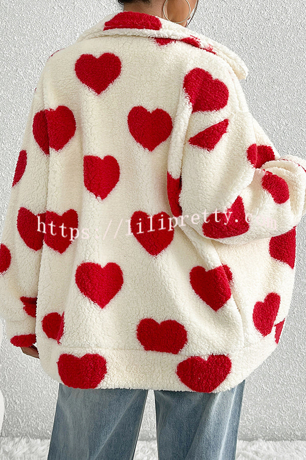 Fashion Plush Heart Print Loose Pocket Long Sleeve Zipper Jacket