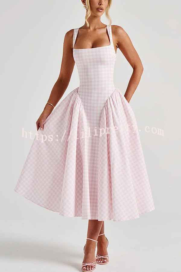 Playful Elf Gingham Square Neck Back Smocked Lace-up Midi Dress