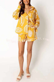 Lilipretty Parkside Pretty Tropical Fruit Print Loose Shirt and Elastic Waist Pocketed Shorts Set