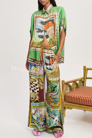 Unique Printed Lapel Short-sleeved Loose Shirt and Elastic Waist Tie Wide-leg Pants Set