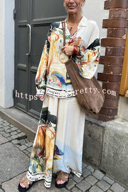 Ellison Unique Print Button Up Long Balloon Sleeve Loose Blouse